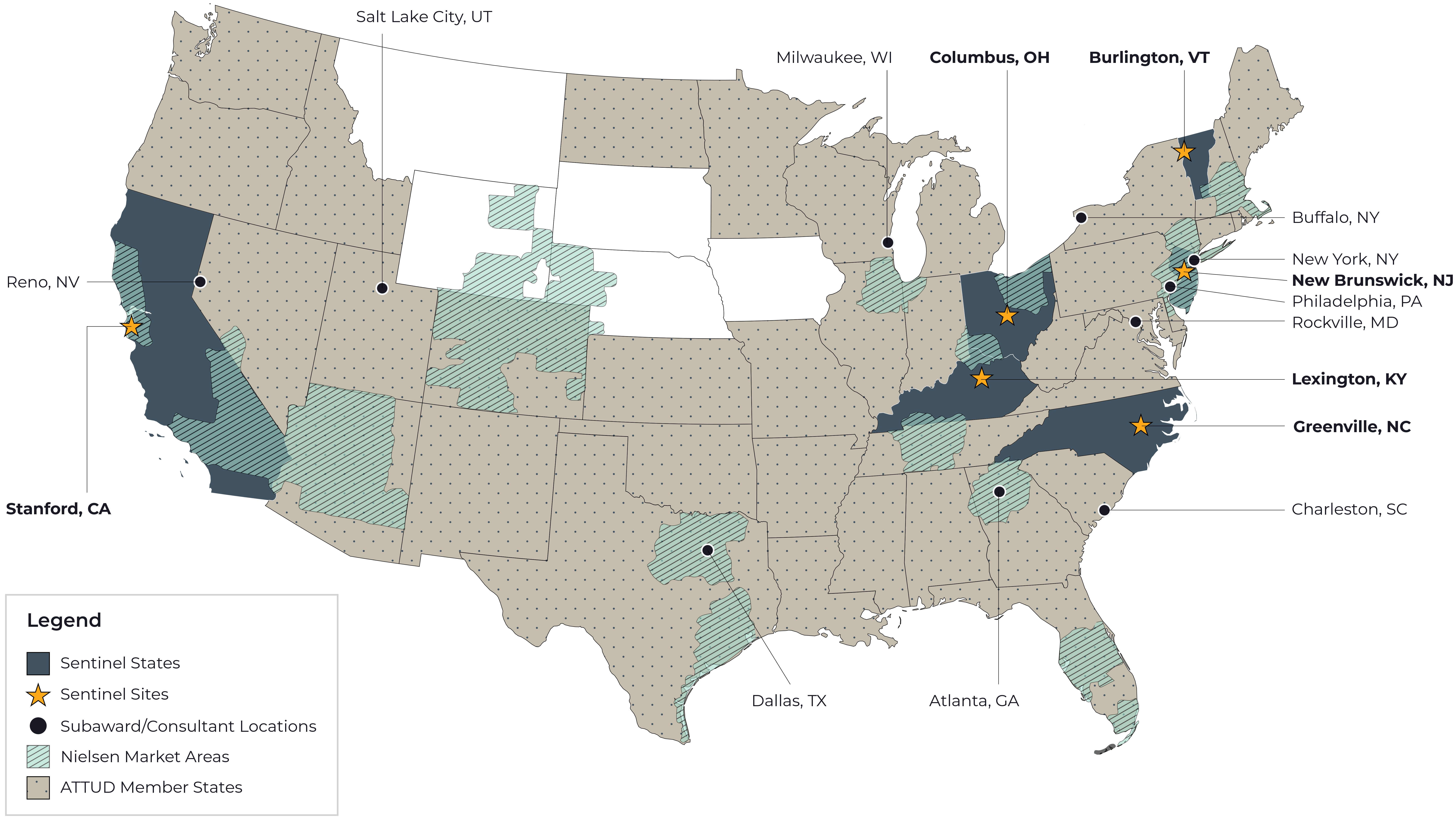 A map of the continental United States showing the 6 sentinel sites and states for the Center for Rapid Surveillance of Tobacco