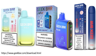 Picture of three types of Geek Bar e-cigarettes and their packaging.