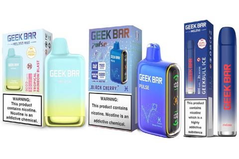 Picture of three types of Geek Bar e-cigarettes and their packaging.