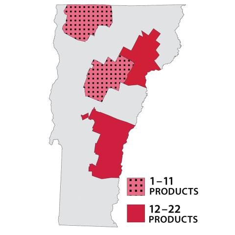 Image shows the state of Vermont with the following counties shaded in: Caledonia, Franklin, Washington, Windsor