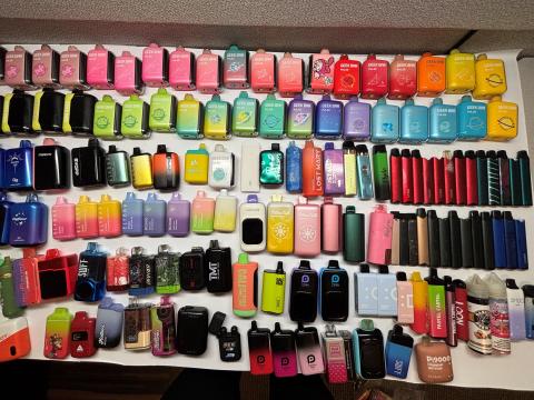 Picture of over 100 vapes confiscated from youth