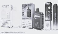 Picture of three types of Geek Bar e-cigarettes and their packaging.