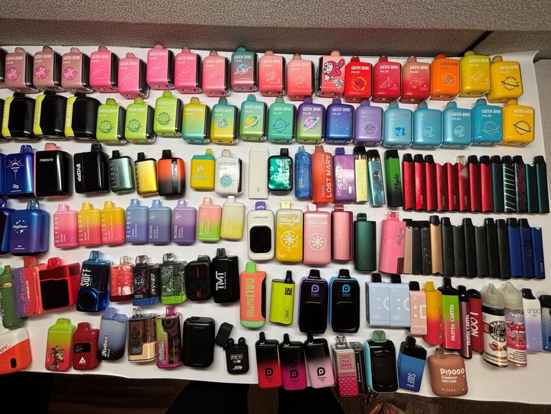 Picture of over 100 vapes confiscated from youth 